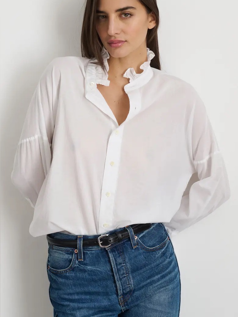 Alex Mill Small Blake Ruffle Neck Cotton Button Up Oversized Shirt In White
